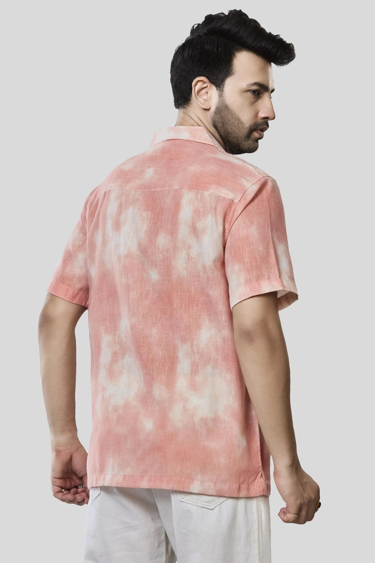 Xkind Orange Printed Slub Relaxed Fit Shirt | Grocsy