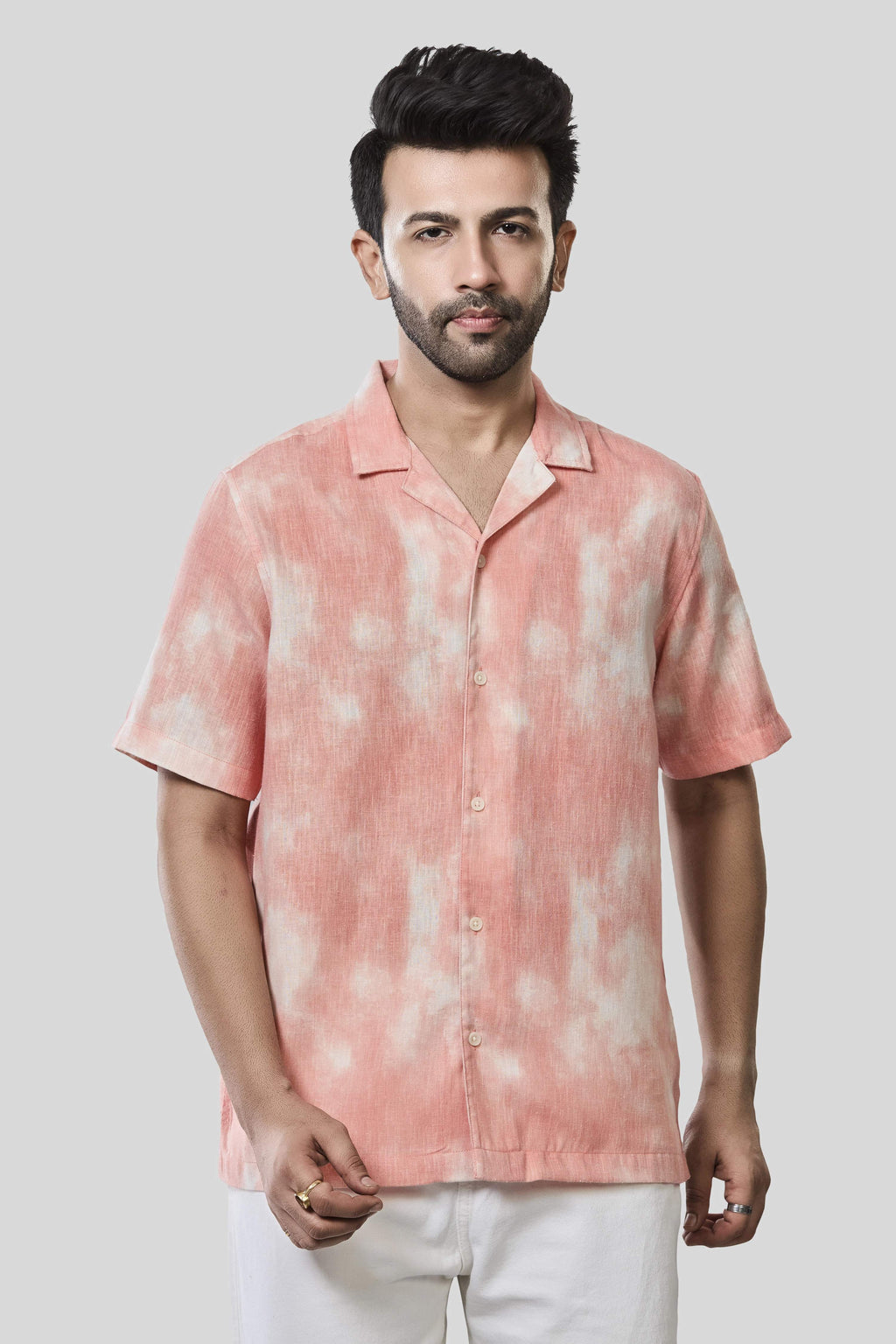 Xkind Orange Printed Slub Relaxed Fit Shirt | Grocsy