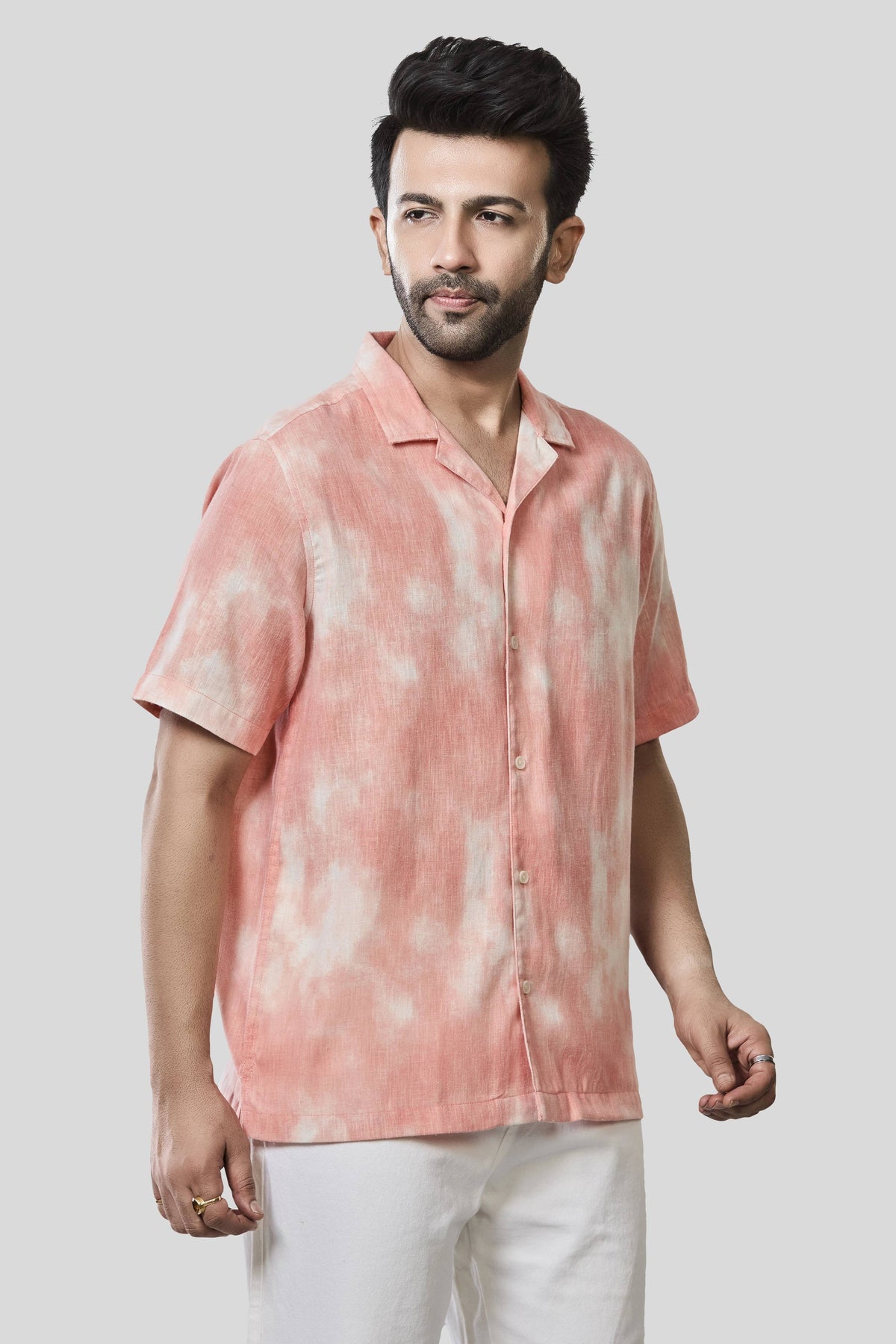 Xkind Orange Printed Slub Relaxed Fit Shirt | Grocsy