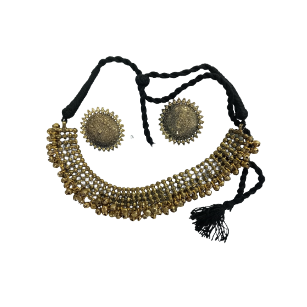 Mominos Fashion Johar Kamal Oxidised Gold-Polished Brass Finish Ghungroo Design Choker Set | Grocsy