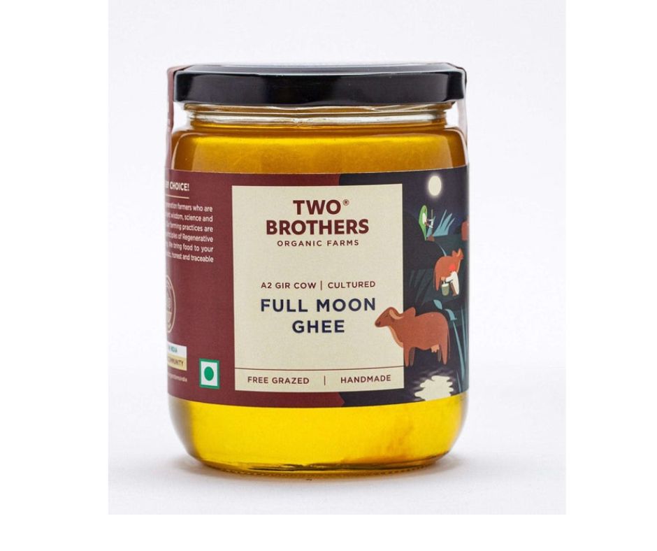 Two Brothers Organic Farms A2 Gir Cow Cultured Full Moon Ghee | Full Moon Cultured Cow Desi Ghee | Curd-Churned Bilona Ghee | Grass-Fed A2 Gir Cow Ghee | Grocsy