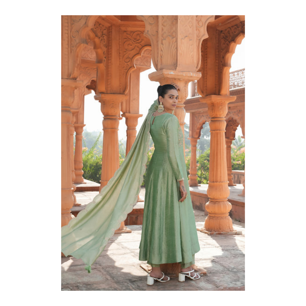 The52 Women's Beautiful Vichitra Silk Fabric Embroidery Work Flared Anarkali Pant and Dupatta Set | Grocsy