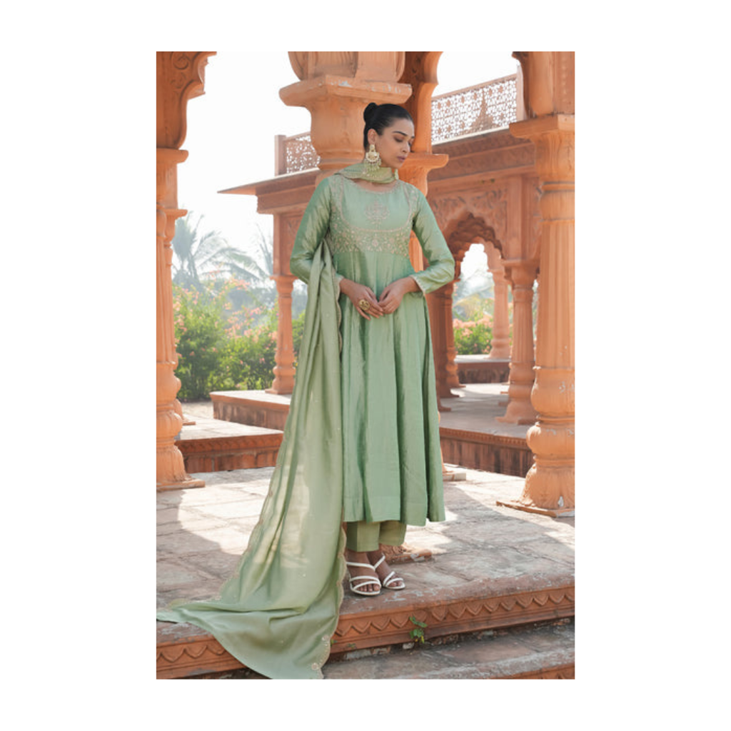 The52 Women's Beautiful Vichitra Silk Fabric Embroidery Work Flared Anarkali Pant and Dupatta Set | Grocsy