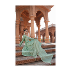 The52 Women's Beautiful Vichitra Silk Fabric Embroidery Work Flared Anarkali Pant and Dupatta Set | Grocsy