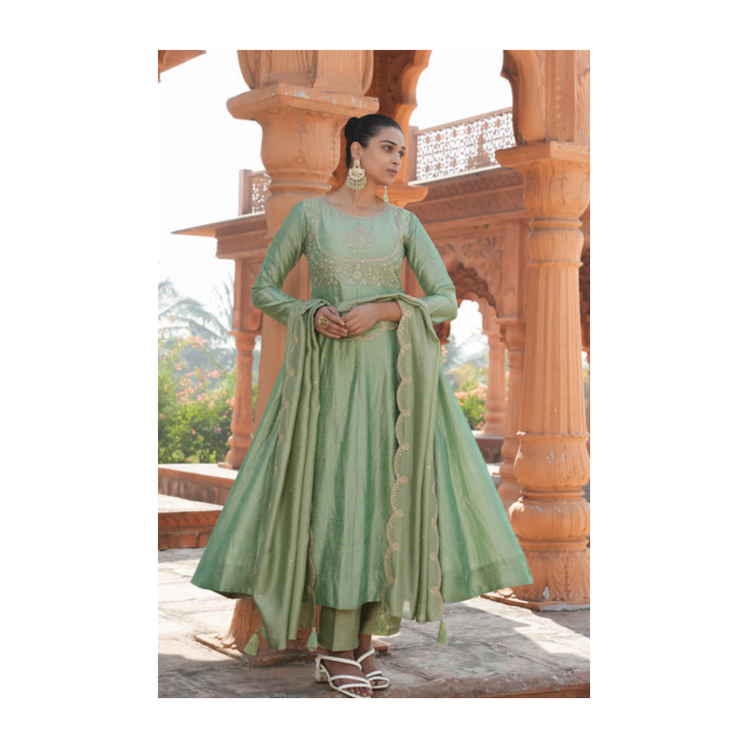 The52 Women's Beautiful Vichitra Silk Fabric Embroidery Work Flared Anarkali Pant and Dupatta Set | Grocsy