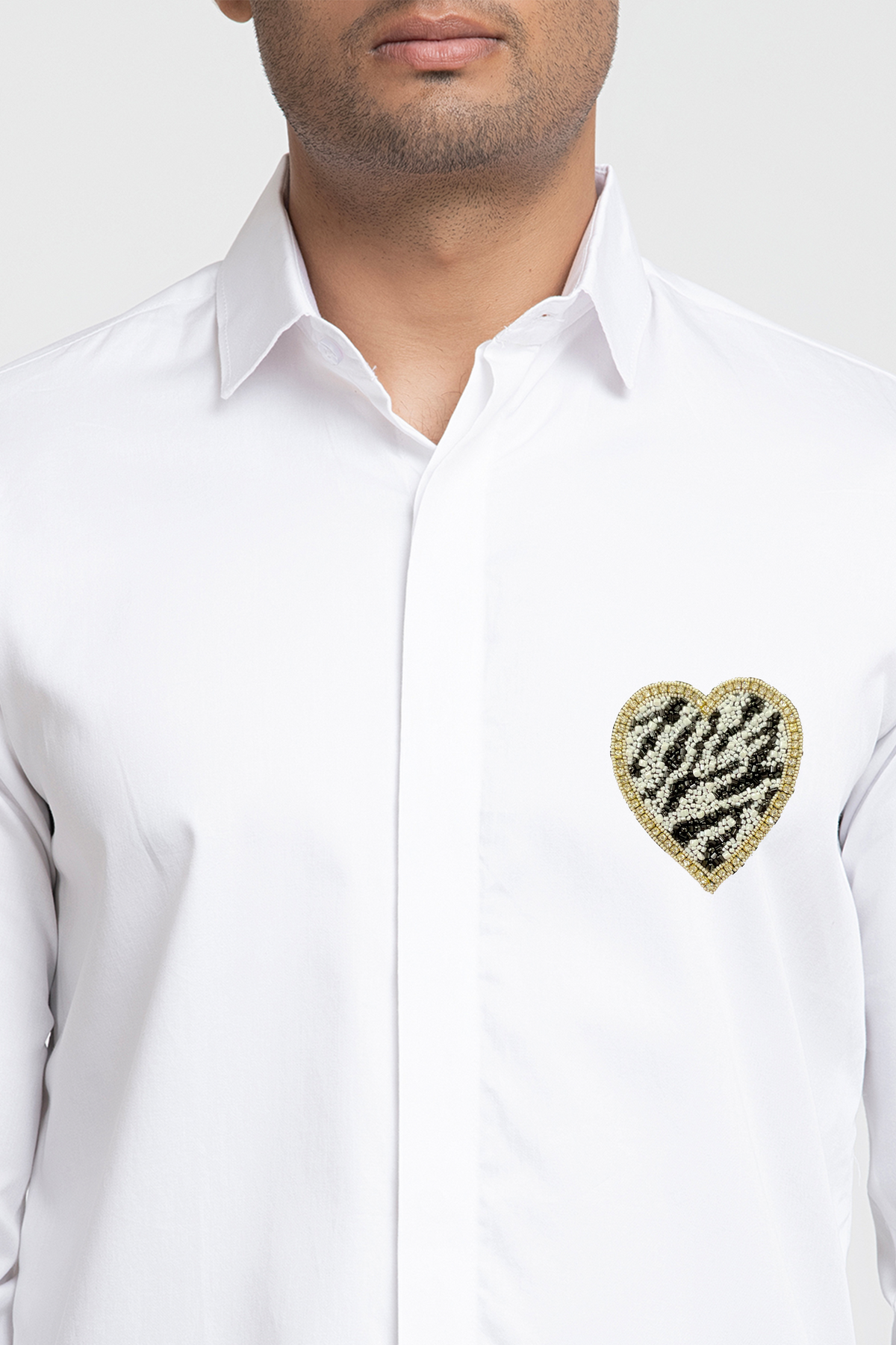 White And Black Heart Shaped Patch Shirt by Hilo Design | Grocsy