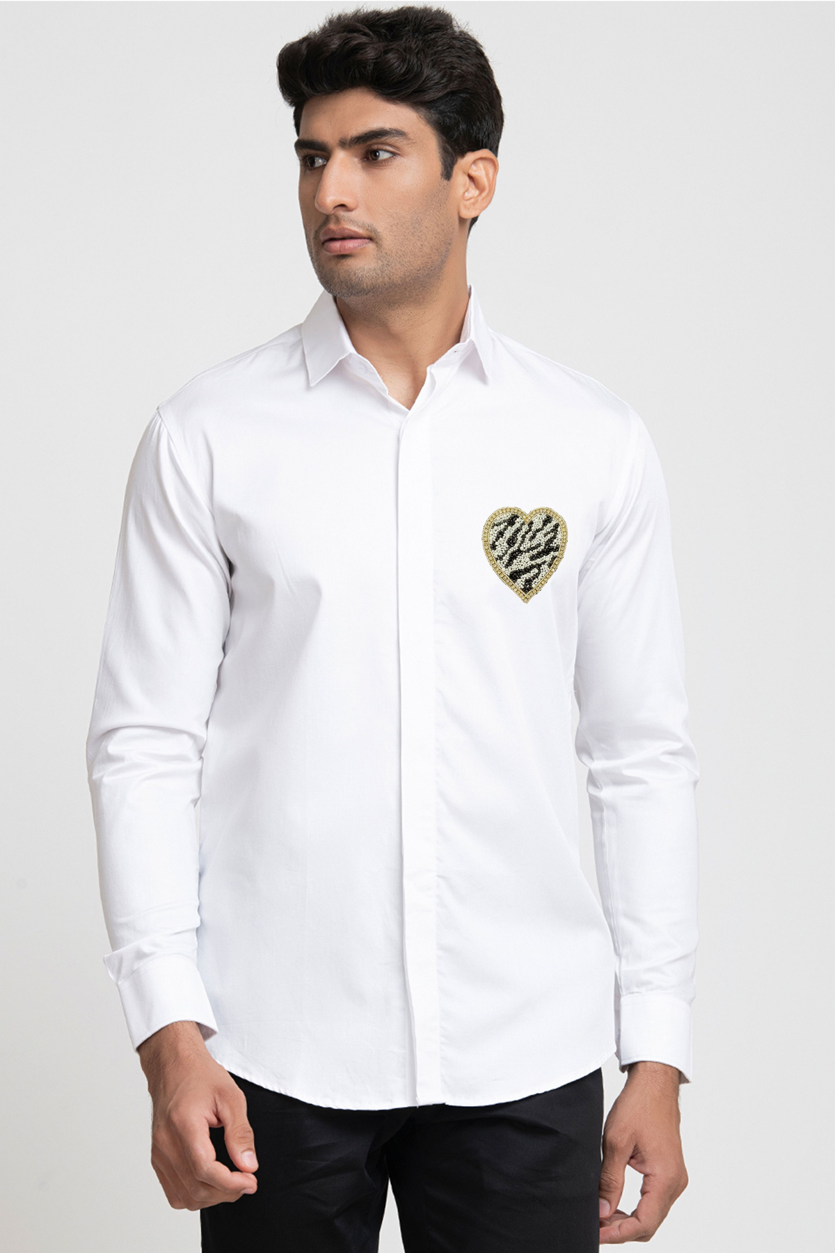 White And Black Heart Shaped Patch Shirt by Hilo Design | Grocsy