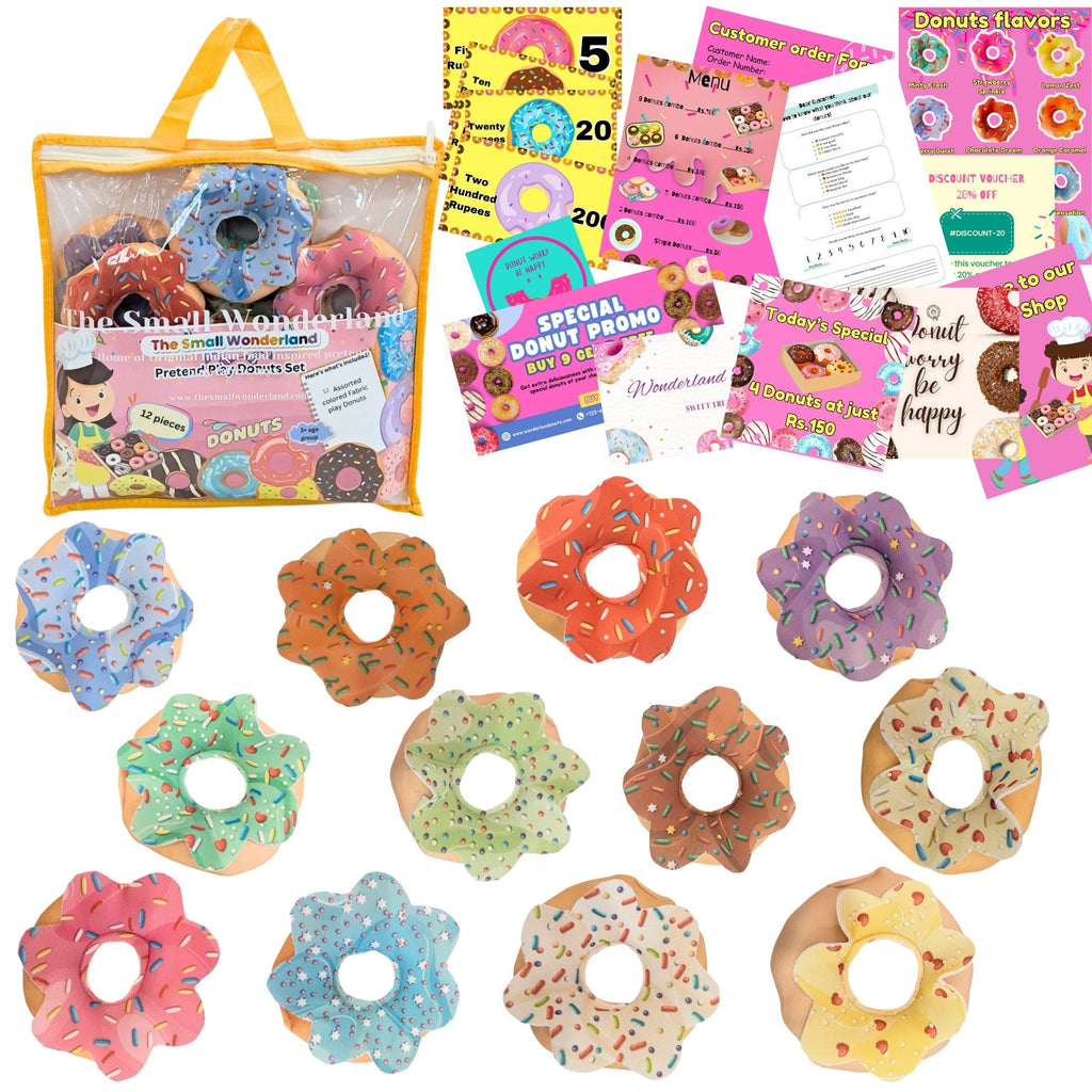 The Small Wonderland Pretend Play Donut Shop Set – 12 Colorful Fabric Donuts with Play Menu, ATM Cards, Money, and Shop Poster | Grocsy