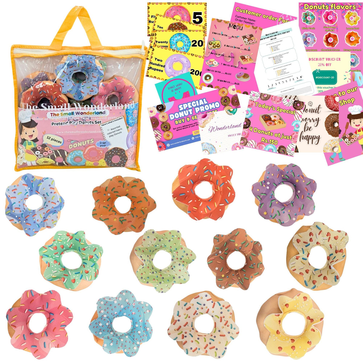 The Small Wonderland Pretend Play Donut Shop Set – 12 Colorful Fabric Donuts with Play Menu, ATM Cards, Money, and Shop Poster | Grocsy