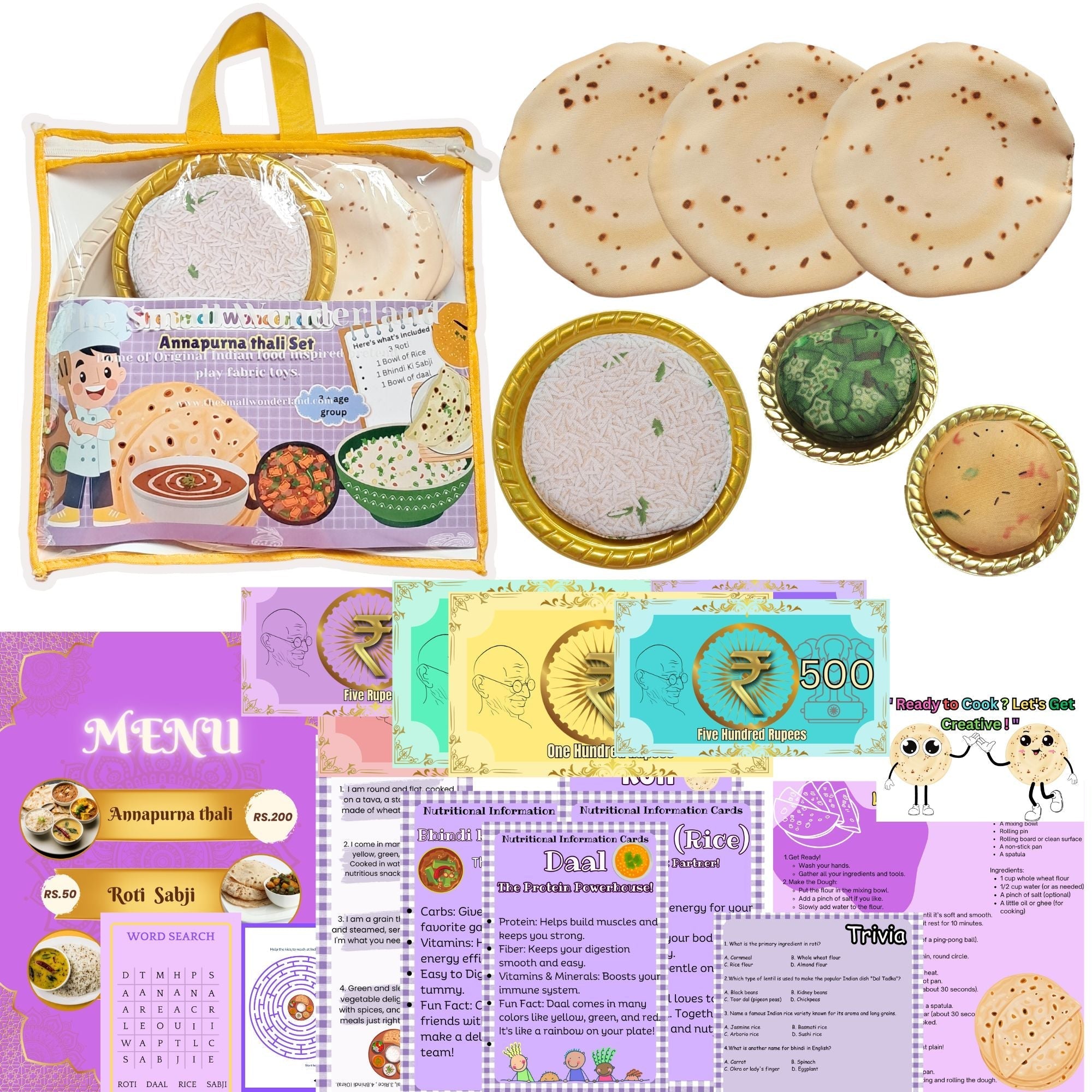 The Small Wonderland Annapurna Thali Pretend Play Set -Roti,Daal ,Rice ,bhindi ki sabji - Indian Food Inspired Pretend Play toys | Grocsy