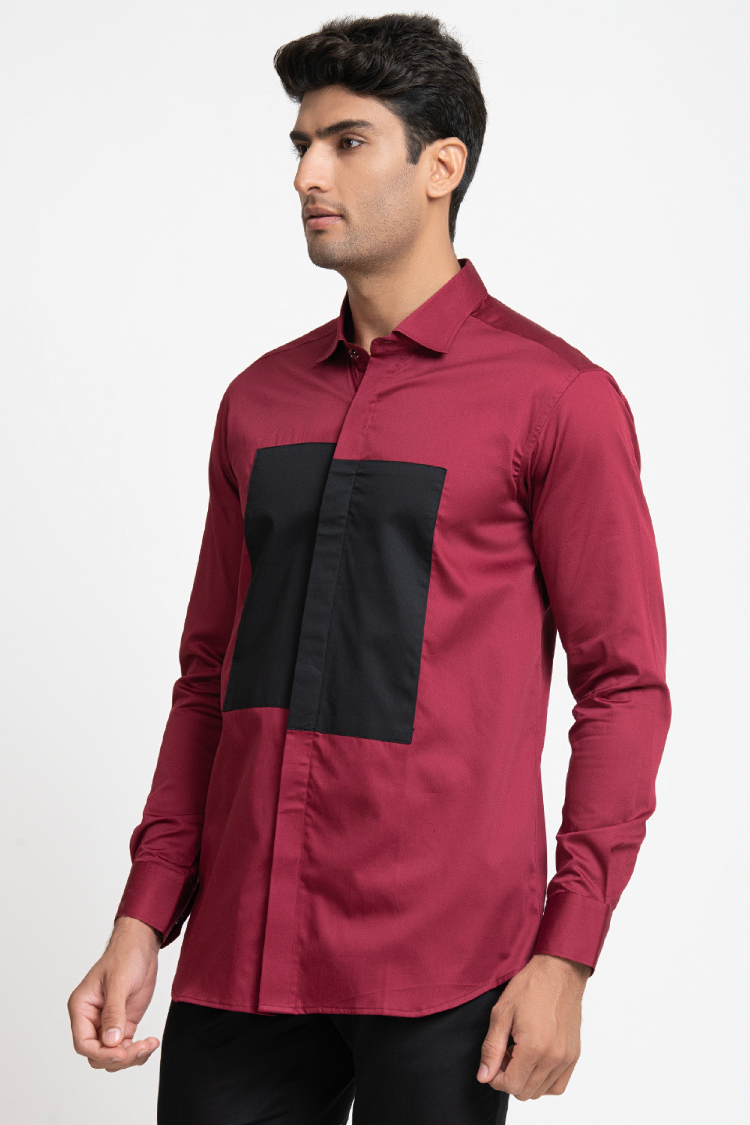 Red Shirt With Black Patch Box Shirt by Hilo Design | Grocsy