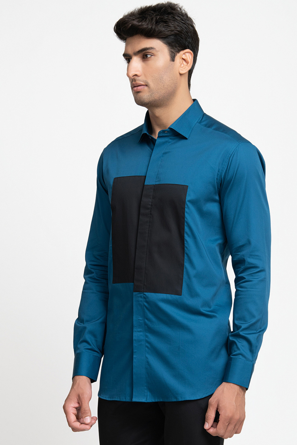 Blue Shirt With Black Patch Box Shirt by Hilo Design | Grocsy