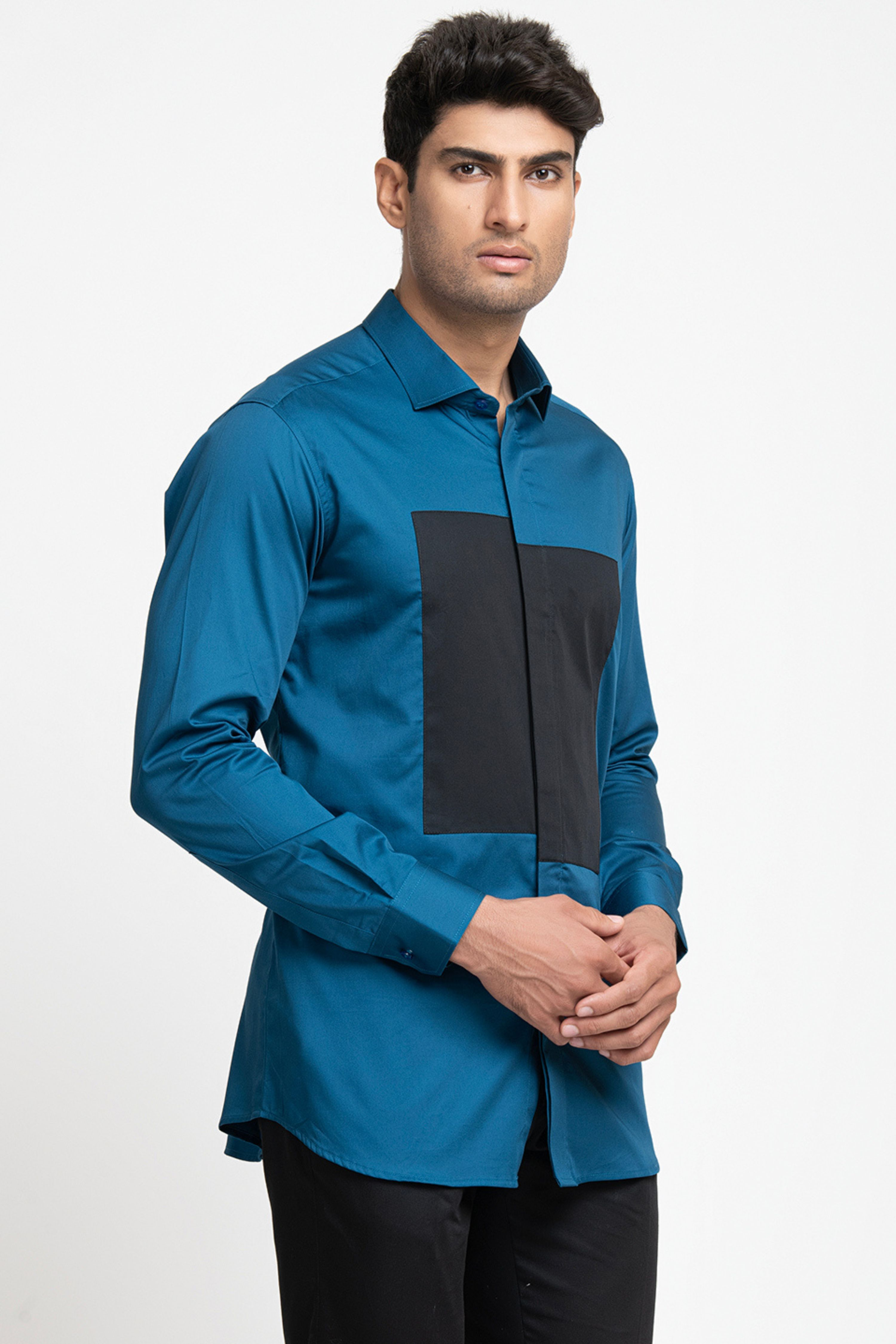 Blue Shirt With Black Patch Box Shirt by Hilo Design | Grocsy