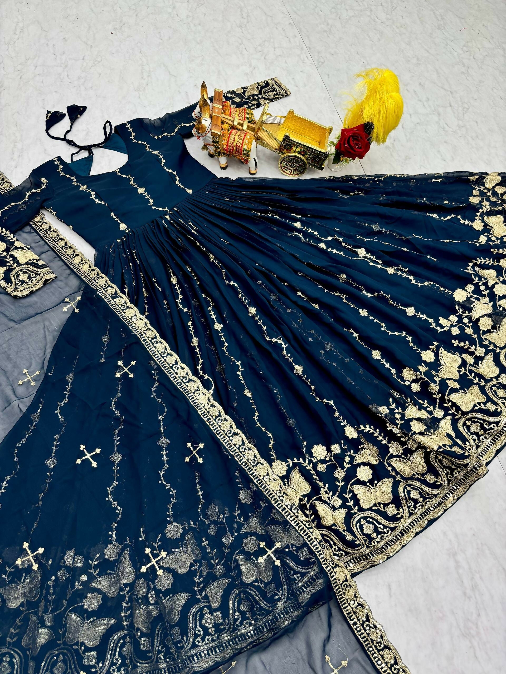 Teeya Creation Womens New Trendy Heavy Cording Sequence & Beads Embroidery Work Teal Gown Set | Grocsy