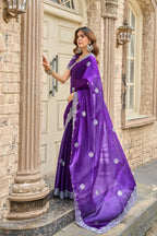 Vastranavya Purple-Blue Embroidery Work Shimmer Chiffon Saree with Unstitched Blouse | Grocsy