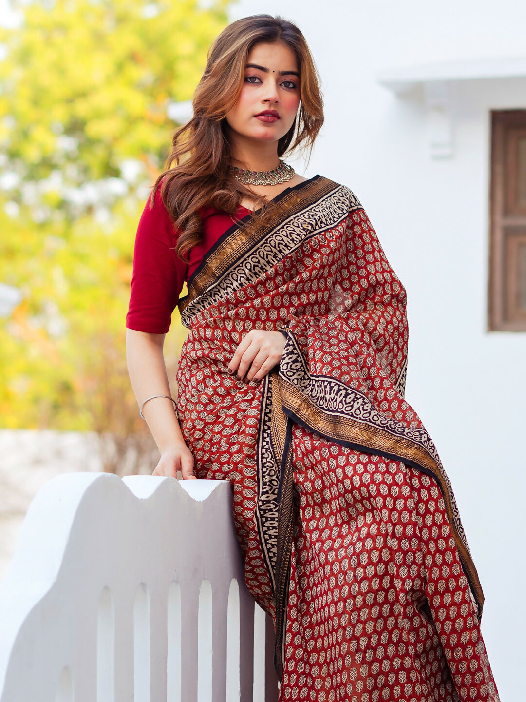 Zibaa Hand-Blocked Pure Maheshwari Silk Red Saree - Small Motifs | Grocsy