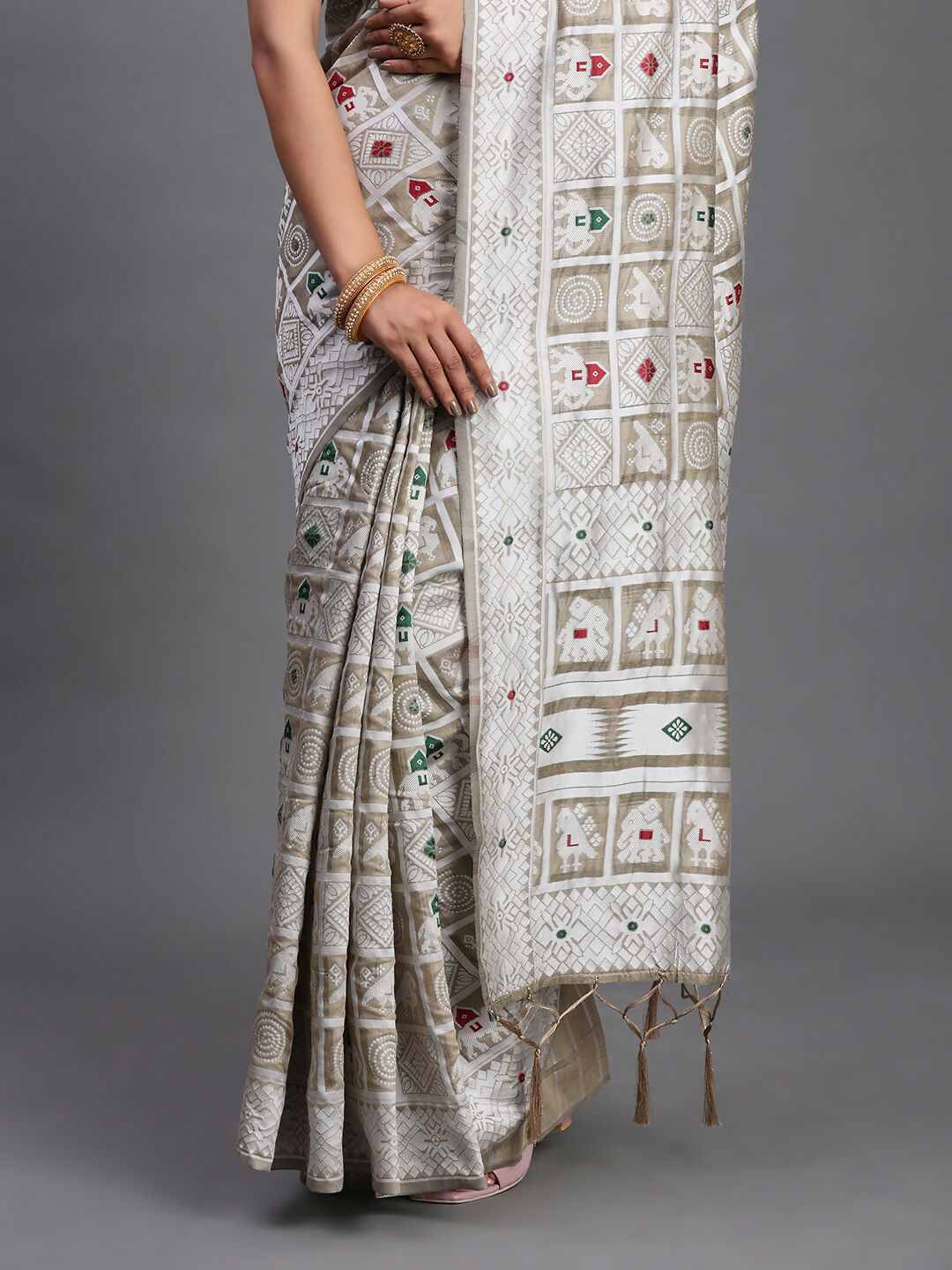 Shree Shyam Fashion Linen Cotton Beige Saree | Grocsy