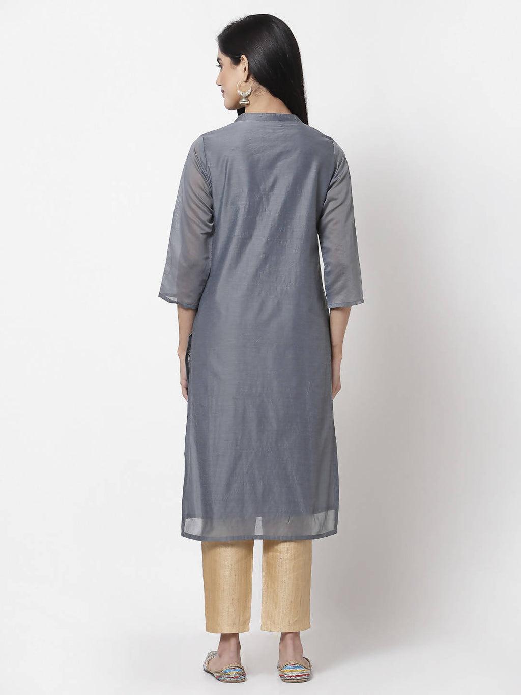 Myshka Women Grey Chanderi Embroidered 3/4 Sleeve Round Neck Kurta | Grocsy