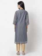 Myshka Women Grey Chanderi Embroidered 3/4 Sleeve Round Neck Kurta | Grocsy