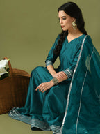Myshka Women's Teal Solid Silk Anarkali Party Kurta With Dupatta | Grocsy