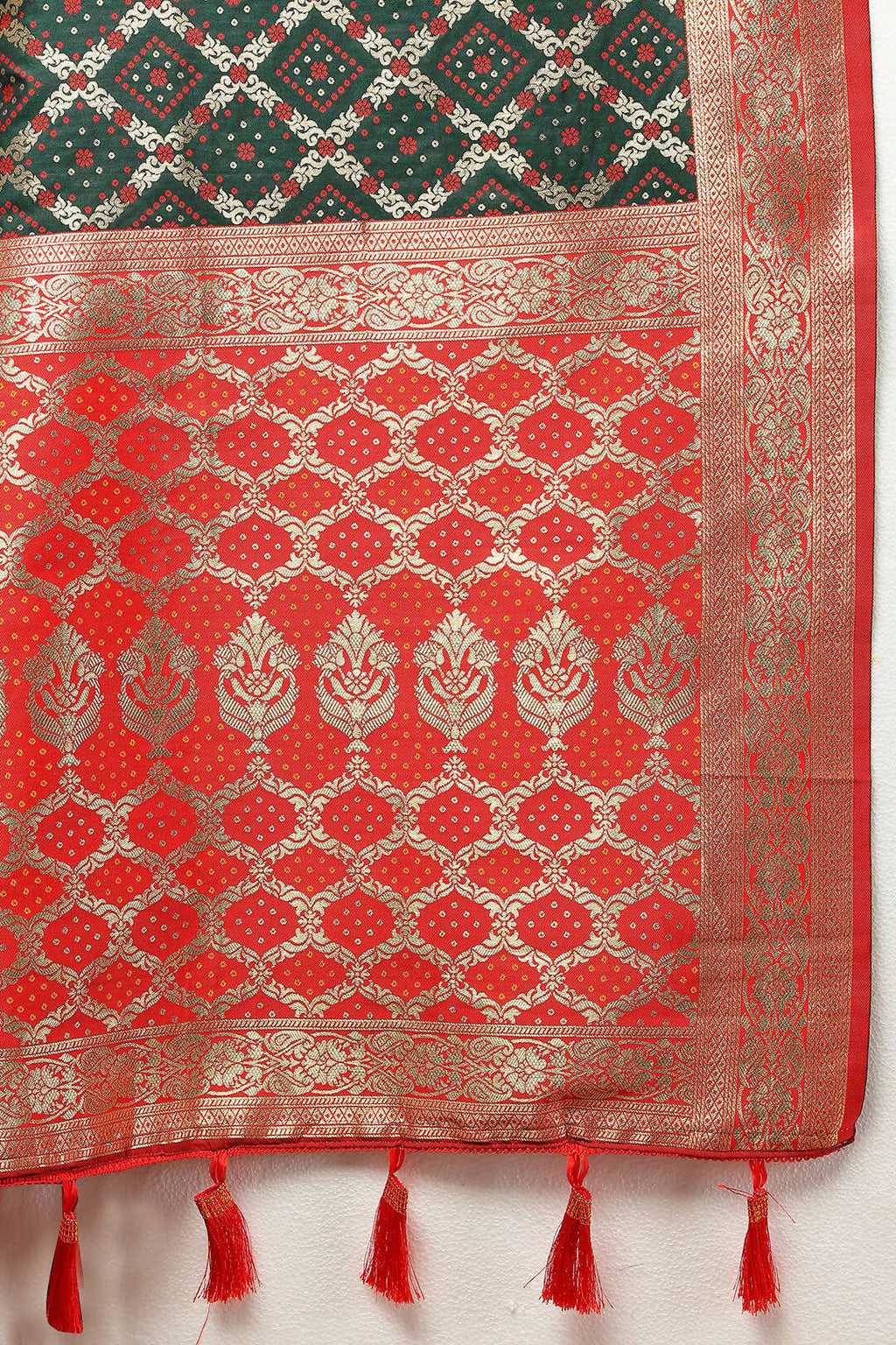 Lorenvalley Fashion Green & Red Patola Silk Woven Design Meenakari Weaving Saree | Grocsy
