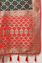 Lorenvalley Fashion Green & Red Patola Silk Woven Design Meenakari Weaving Saree | Grocsy