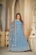 Jyoti Fashion Women's Sky Blue Net Embroidered Anarkali Kurta Pant Set With Dupatta | Grocsy