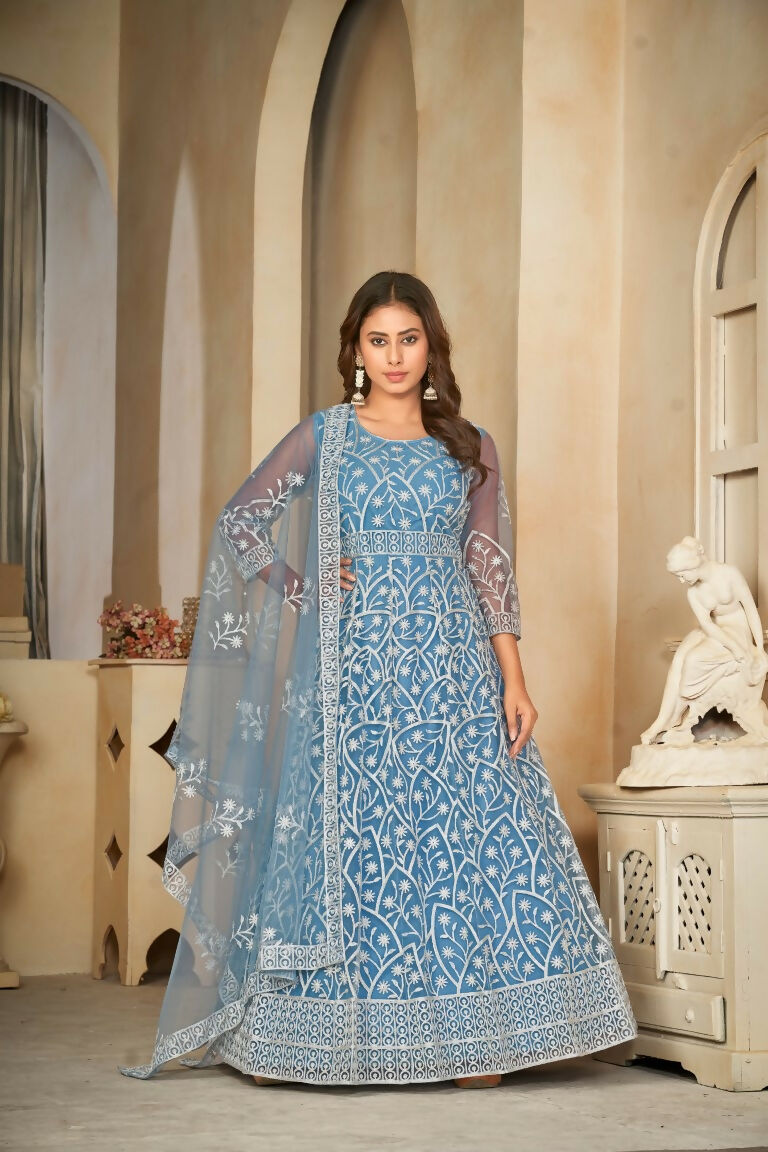 Jyoti Fashion Women's Sky Blue Net Embroidered Anarkali Kurta Pant Set With Dupatta | Grocsy