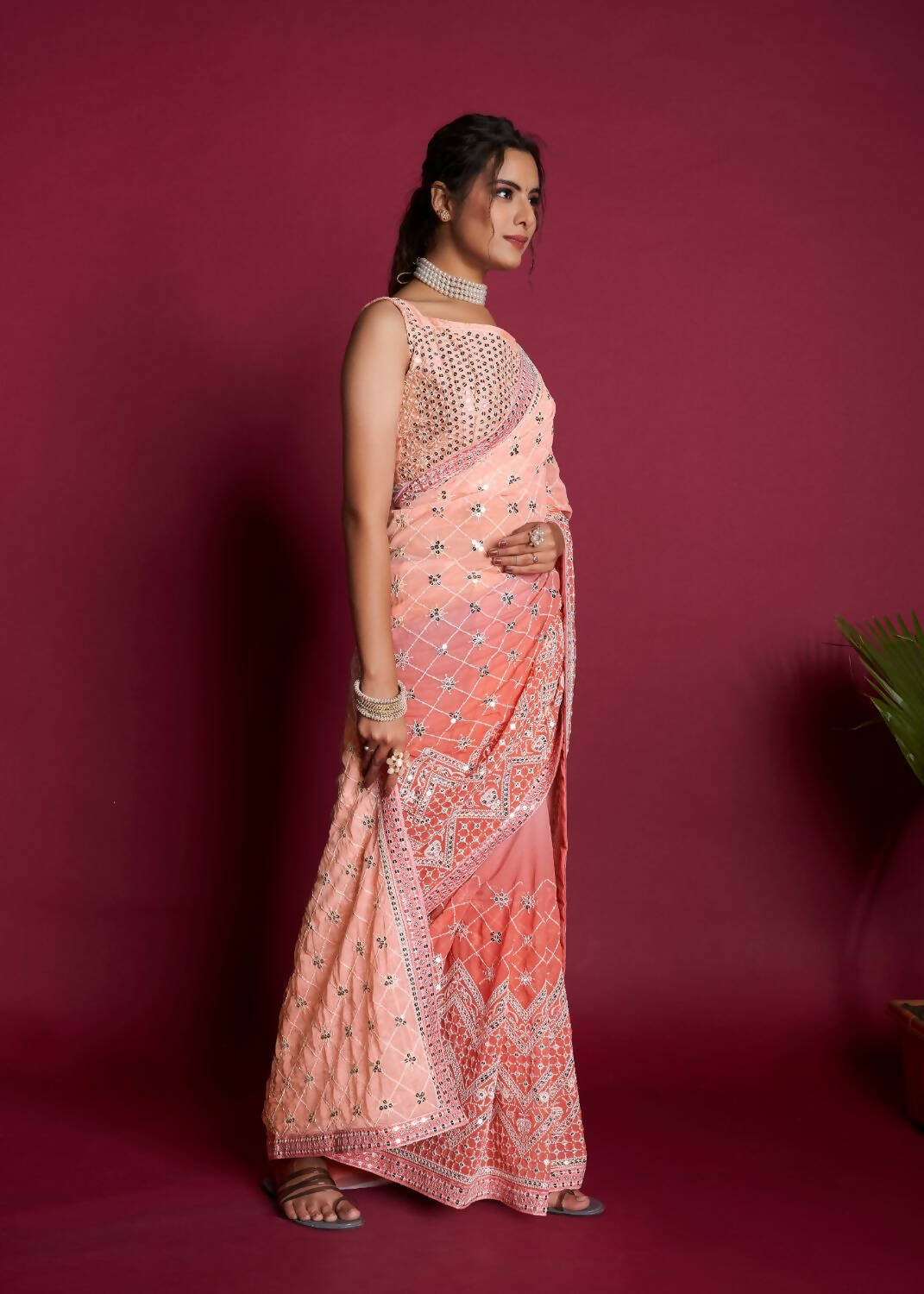 Vamsee Peach & White Georgette Designer Saree | Grocsy