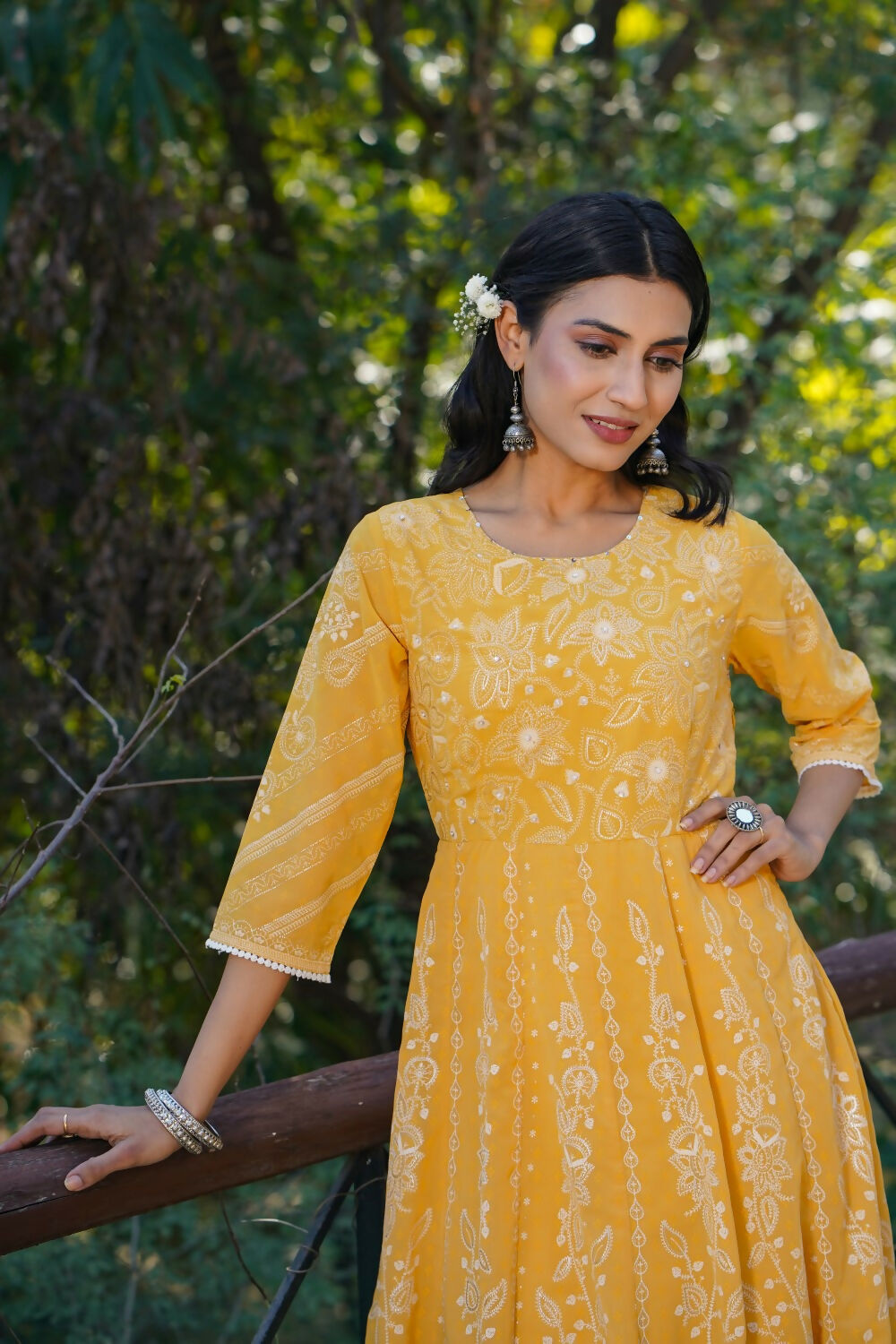 Juniper Yellow Floral Printed Georgette Maxi Dress With Beads Kantha Work & Sequins At Neckline | Grocsy