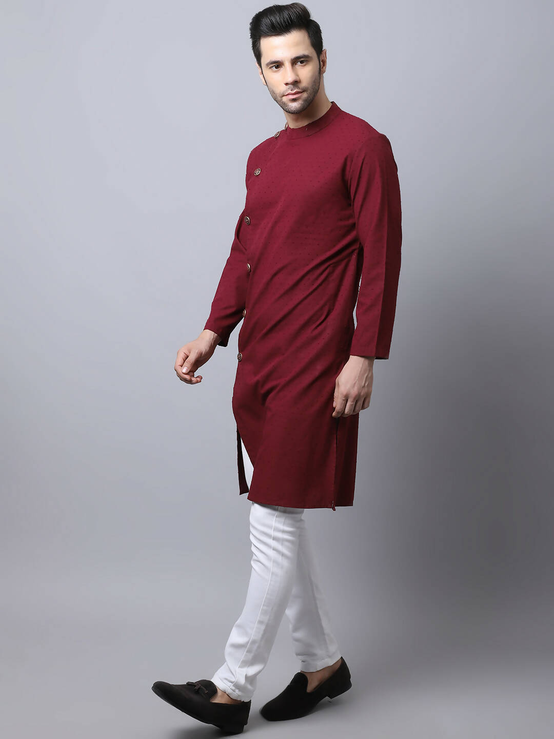 Even Apparels Maroon Pure Cotton Sherwani Men's Kurta With Asymetrical Cut | Grocsy