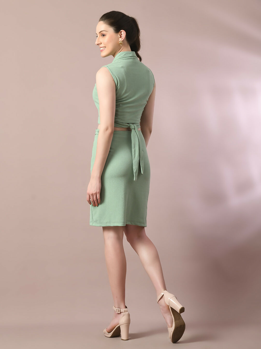 Myshka Women's Sea Green Solid Shawl Neck Party Top With Skirt Co-ord set | Grocsy