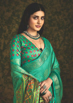 Joban Fashion Bottle Green Velvet Tussar Silk with Foil Print Saree | Grocsy