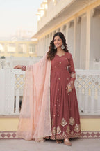 Jyoti Fashion Women's Brown Faux Georgette Sequins Thread Embroidery Anarkali Dress with Dupatta | Grocsy
