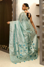 Joban Fashion Firozi Saree Tissue Zari Buti Anchal Applick With Contrast Blouse | Grocsy
