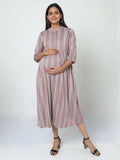 Manet Three Fourth Maternity Dress Striped With Concealed Zipper Nursing Access - Grey | Grocsy