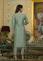 Juniper Women's Mint Viscose Zari & Thread Embroidered Kurta Pant And Dupatta Set With Sequins | Grocsy