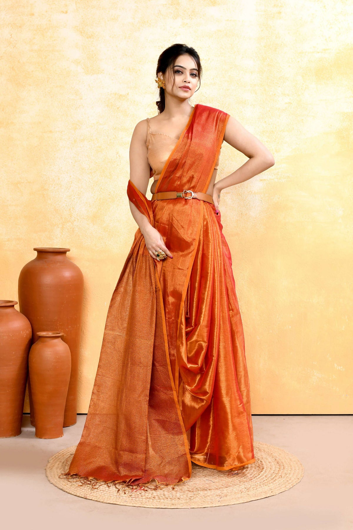 Piyari Fashion Women's Rust Dual Tone Organic Tissue Saree With Blouse Piece | Grocsy