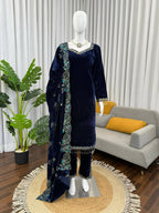 Teeya Creation Blue Color Velvet Designer Embroidery Work party Wear Suit | Grocsy