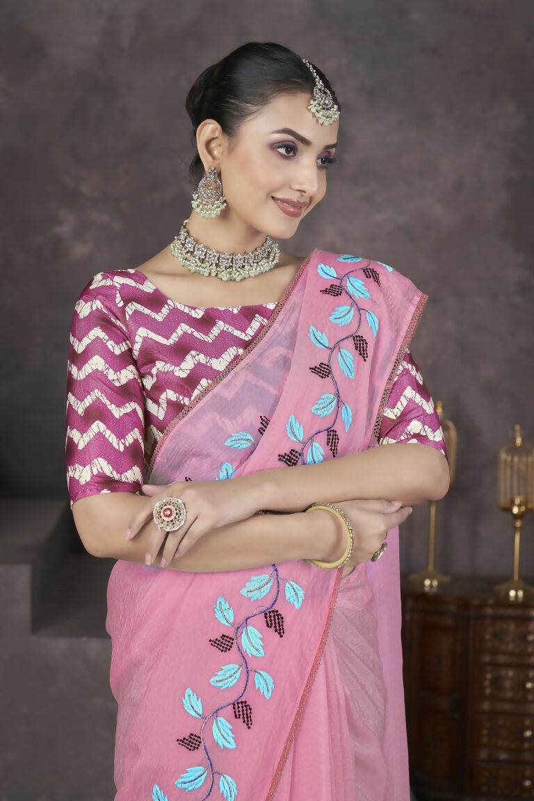 Vastranavya Pink Soft Crush Georgette Thread Embroidery work of Leaf Pattern with Patched Lace Border Saree | Grocsy