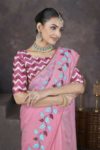 Vastranavya Pink Soft Crush Georgette Thread Embroidery work of Leaf Pattern with Patched Lace Border Saree | Grocsy