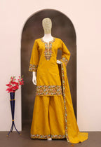 Anaita Mustard Simar with Embroidery Multi & Zarkhan Work Readymade Palazzo suit | Grocsy