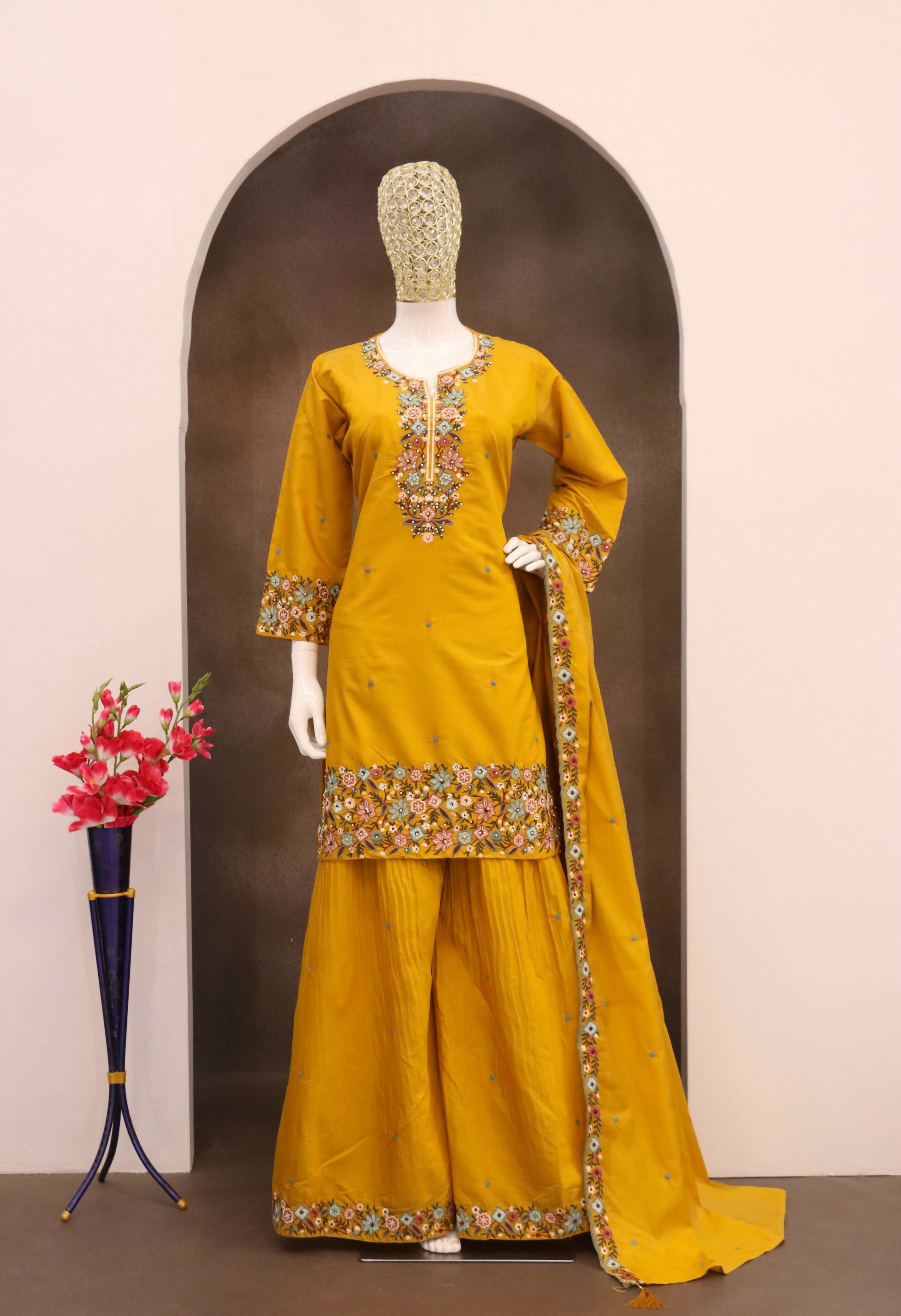 Anaita Mustard Simar with Embroidery Multi & Zarkhan Work Readymade Palazzo suit | Grocsy