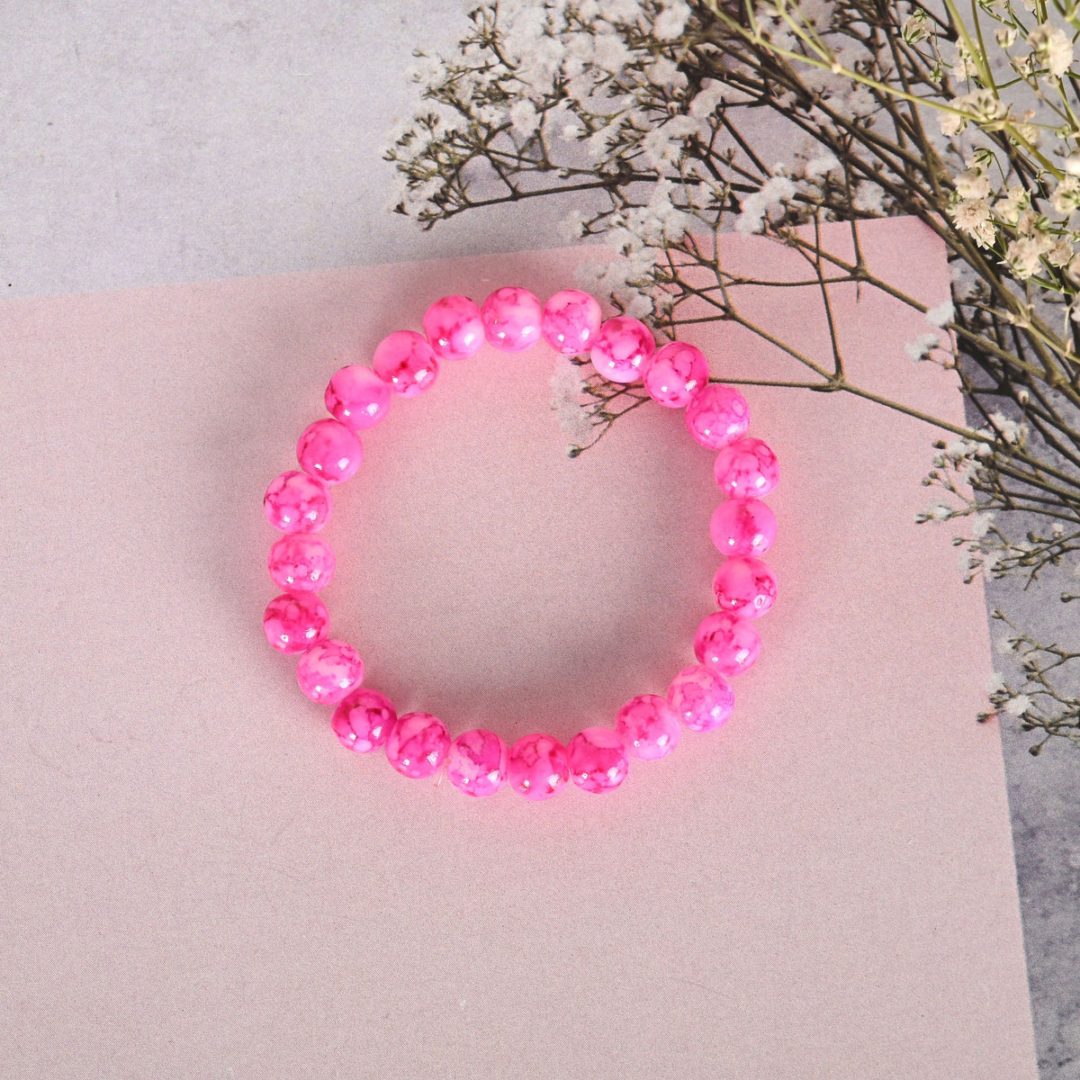 NVR Men & Women Pink Marble Crystal Beaded Elasticated Bracelet