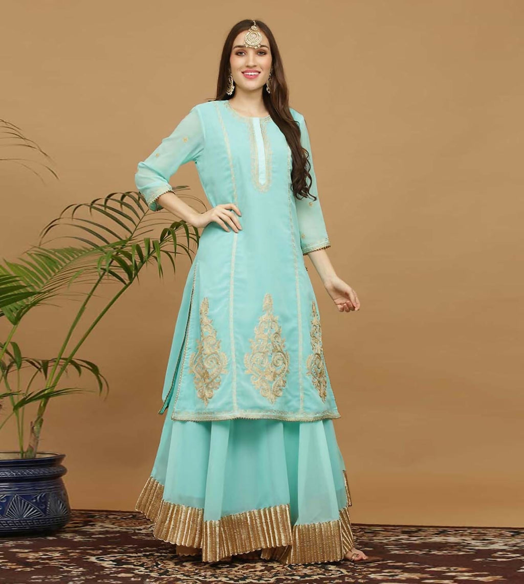 Joban Fashion Turquoise Georgette Lehenga Set | Grocsy