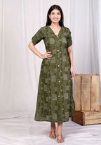 Miravan Women's Pure Cotton Floral Printed Green Button Down A-Line Midi Dress | Grocsy