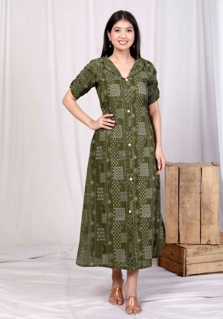 Miravan Women's Pure Cotton Floral Printed Green Button Down A-Line Midi Dress | Grocsy