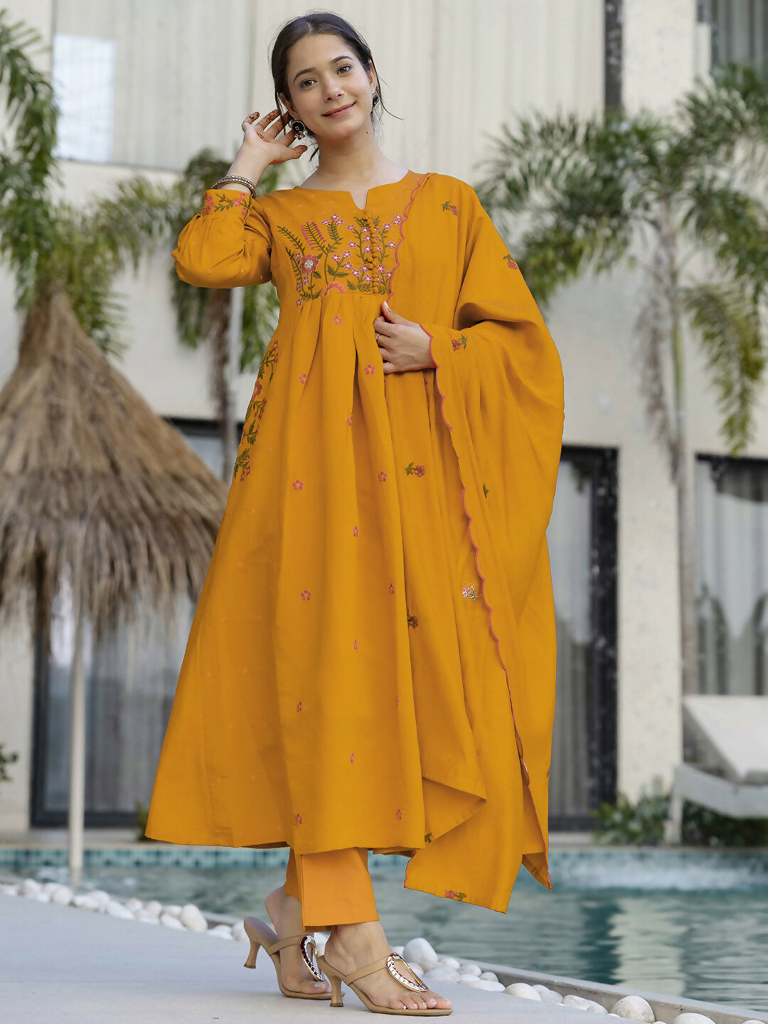The52 Women's Beautiful Cotton Fabric Thread Work Straight Kurta Pant and Dupatta Set | Grocsy