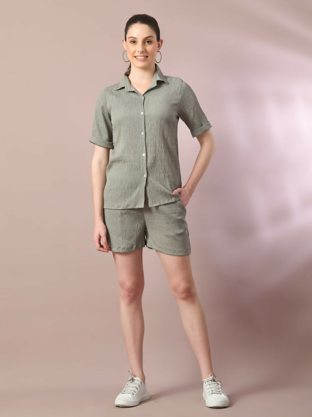 Myshka Women's Grey Solid Shirt Collar Party Shirt With Shorts Co-ord set | Grocsy