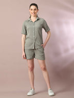 Myshka Women's Grey Solid Shirt Collar Party Shirt With Shorts Co-ord set | Grocsy